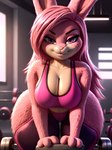 absurd_res anthro athletic big_breasts breasts busty colored detailed female fluffy fur gym gym_clothing hair hi_res huge_breasts lagomorph leonoser leporid looking_at_viewer mammal pink_body pink_eyes pink_fur pink_hair rabbit solo solo_focus