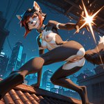 anthro black_body cyberpunk female fur nude presenting rooftop sitting solo teeth ft-27 canid canine fox mammal