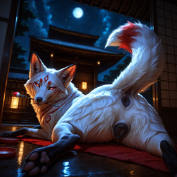 animal_genitalia animal_pussy ankle_tuft anus bell blurred_background bodypaint butt canine_genitalia canine_pussy claws digitigrade dipstick_ears dipstick_tail ear_tuft female feral fox_spirit genitals ink ink_brush japanese_architecture leg_tuft looking_at_viewer lying markings moon multicolored_ears neckwear night object_in_mouth on_front pawpads paws presenting presenting_hindquarters presenting_pussy pupils pussy realistic realistic_feral realistic_fur sky slit_pupils smug smug_face solo sploot star starry_sky tail tail_anus tail_markings tuft pleasedontlook hi_res