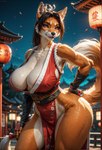 anthro big_breasts breasts cherry_blossom cleavage cleavage_overflow clothed clothing detailed_fur female hair hand_on_hip handwear king_of_fighters(series) leather leather_clothing leather_handwear muscular muscular_female plant ponytail sagging_breasts shrine side_boob snk solo uwagi redstallion_(director) mai_shiranui canid mammal attempted_signature detailed hi_res