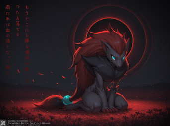 3_fingers abstract_background blue_eyes chromatic_aberration dark female feral field fingers flower petals plant red_light red_lighting sitting solar_eclipse solo text wind the_yiff_republic nintendo pokemon generation_5_pokemon pokemon_(species) zoroark absurd_res english_text hi_res japanese_text