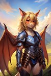 anthro armor aura blonde_hair female hair magic_user solo wings mindry dragon felid feline hybrid mammal