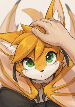 anthro black_nose blonde_hair cc-by-sa duo femboy green_eyes hair looking_at_viewer male membrane_(anatomy) touching_hair anonymous_director dust:_an_elysian_tail fidget_(elysian_tail) bat mammal nimbat hi_res