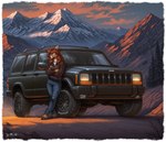 anthro bottomwear car clothing cloven_hooves crossed_arms crossed_legs denim denim_clothing evergreen_tree female hair hooves jeans leaning looking_away mountains pants pine_tree plant red_hair solo sunset teal_eyes tree vehicle gilkardex vivian_(gilkardex) cervid mammal absurd_res hi_res