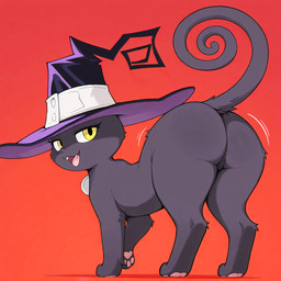 abstract_background ambiguous_gender ass_up big_butt blinking butt butt_focus clothing curled_tail fangs feral fluffy_body hat headgear headwear looking_at_viewer looking_back magic_user motion_lines nude open_mouth pawpads paws presenting presenting_hindquarters raised_paw seductive shaking_butt smile smiling_at_viewer solo solo_focus tail witch witch_hat seeper blair_(soul_eater) domestic_cat felid feline felis mammal absurd_res hi_res