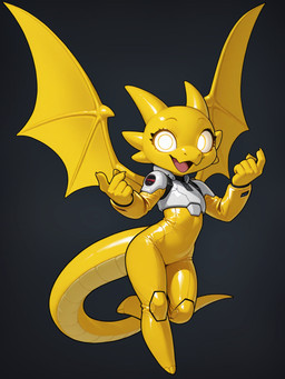 5_fingers anthro bodysuit clothing dragon_horn dragon_tail dragon_wings dragoness female fingers glowing glowing_eyes grey_background horn mythology scales simple_background skinsuit solo tail tight_clothing wings yellow_body yellow_clothing yellow_eyes yellow_horn yellow_wings dragonflame e6ai mascot_2025 dragon kobold mythological_creature mythological_scalie scalie hi_res