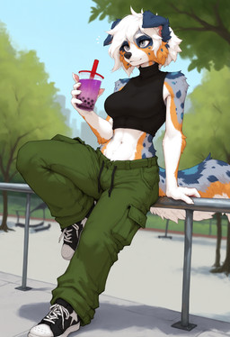anthro beverage big_breasts bottomwear breasts bubble_tea cargo_pants city clothing countershade_border countershading female footwear green_bottomwear green_clothing green_pants grey_eyes hair holding_beverage holding_object looking_away midriff one_leg_up pants plant raised_leg shirt shoes short_hair sitting sitting_on_railing sleeveless_turtleneck sneakers solo sweater tight_clothing tight_shirt tight_topwear topwear tree turtleneck white_hair gshepanon waltraud australian_shepherd blue_merle canid canine canis domestic_dog herding_dog mammal pastoral_dog sheepdog absurd_res hi_res