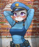 alley anthro belt blush brick_wall clenched_teeth clothing ears_down embarrassed female graffiti hands_behind_head holster looking_at_viewer outdoors pivoted_ears police_hat police_uniform shy solo teeth topwear uniform vest wall_(structure) zootopia anonymous_director judy_hopps lagomorph leporid mammal rabbit hi_res