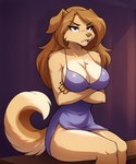 anthro big_breasts breasts brown_hair cleavage clothed clothing crossed_arms dress female fur hair long_hair purple_eyes sitting solo twokinds anontk erilas_(twokinds) bird_dog canid canine canis domestic_dog golden_retriever hunting_dog mammal retriever hi_res