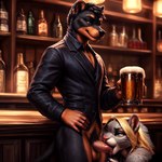 alcohol anthro balls bar beer beverage black_hair blonde_hair bottle bottomless clothed clothing duo fellatio female genitals hair male male/female oral penile penis rock sex hojocat tara canid canine canis domestic_dog mammal mastiff molosser rodent rottweiler sciurid tree_squirrel