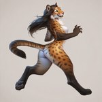 anthro brown_hair digitigrade female fur golden_eyes hair long_hair looking_at_viewer nude orange_body orange_fur running simple_background smile solo spots tasteful_nudity director_crashbandit felid mammal pantherine novelai