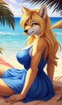 anthro beach big_breasts blonde_hair breasts canid canine canis clothing coy_smile domestic_dog dress eminence female hair looking_at_viewer mammal seaside shelly shiba_inu sitting solo spitz