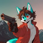 anthro athletic clothing field_background fluffy fluffy_tail frosting.ai gun hair heterochromia jacket male mountains ranged_weapon shirt short_hair smile topwear weapon renz rennii_(renz) canid canine fox mammal hi_res