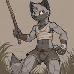 abs anthro bandage bo_staff bottomwear chest_wraps clothed clothing holding_object holding_weapon looking_at_viewer male melee_weapon muscular partially_clothed shorts solo standing weapon wraps wrist_wraps arturowolff_(director) arturowolff canid canine canis mammal wolf