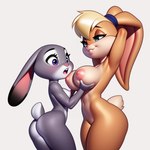 anthro big_breasts blush breast_grab breast_play breast_size_difference breasts duo ears_down female female/female hand_on_breast hands_behind_head holding_breast larger_female looking_at_another nipples nude_female open_mouth pivoted_ears presenting presenting_breasts size_difference smaller_female zootopia anonymous_director judy_hopps lola_bunny lagomorph leporid mammal rabbit