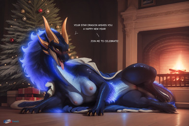 2026 areola blue_body blue_clothing blue_scales blush bodily_fluids breasts celestial_body christmas_present christmas_tree claws clothing cosmic_body cosmic_hair countershading dewclaw dialogue ethereal_hair eyelashes fangs female fire fireplace fur genitals glowing_mane hair horn living_room looking_at_viewer lying lying_on_floor lying_on_side majestic mane mythology nipples nude on_side open_mouth painting pink_areola pink_nipples pink_tongue plant presenting purple_mane pussy saliva santa_coat scales sharp_teeth smile solo star tail teeth text tongue tongue_out tree tuft wood_floor yellow_claws yellow_eyes yellow_horn chrisphoenix new_year aurelissara dragon mythological_creature mythological_scalie scalie absurd_res detailed english_text hi_res signature