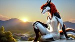 anthro black_and_white_fur city city_background closed_smile clothing female fluffy green_eyes hair hand_on_knee hand_on_leg hi_res landscape looking_at_viewer mountains nightwear nipples oldhroft red_hair rooftop sergal sitting slim solo sunrise translucent translucent_clothing wallpaper