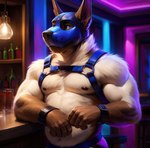 animal_mask anthro bar canid canine clothing cuff_(restraint) harness hi_res jockstrap male mammal mask nipples pecs pup_mask pup_tobey restraints shirtless solo underwear wrist_cuffs