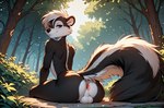 anthro anus arched_back backsack balls black_body black_fur blue_eyes femboy forest fur genitals hi_res looking_at_viewer looking_back looking_back_at_viewer looney_tunes male mammal mephitid nude pepé_le_pew plant sitting skunk solo tree warner_brothers white_body white_fur yiffybee