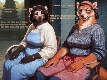 5_fingers accessory anthro apron bandanna bracelet building chair clothed clothing dialogue duo female fingers fur furniture hair hair_accessory hairband jewelry kerchief mature_anthro mature_female multicolored_body multicolored_fur on_chair ring_(jewelry) sitting sitting_on_chair slightly_chubby text wavy_hair cerinil gulonine lemur mammal marten mustelid musteline primate strepsirrhine english_text hi_res