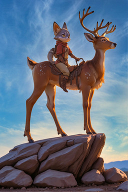 anthro antlers backpack blizzard_entertainment boots brown_body brown_eyes brown_fur chest_tuft clothing day duo duo_focus ear_tuft feral footwear fur gloves grey_body grey_fur group handwear horn leather leather_boots leather_clothing leather_footwear leather_gloves leather_handwear male multicolored_body multicolored_fur outside riding saddle tail tuft white_body white_fur yellow_eyes jelloponies warcraft jello_(jelloponies) mlem_(mlem) canid cervid mammal vulpera absurd_res hi_res