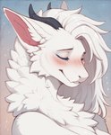 anthro blush blush_lines eyes_closed female fur hair horn neck_tuft smile solo tuft white_body white_fur white_hair simplymango dragon furred_dragon reptile scalie hi_res