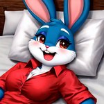 anthro bed clothing female fluffy furniture in_bedroom inviting looking_at_viewer lying on_back on_bed open_mouth open_smile red_clothing red_shirt red_topwear shirt smile solo topwear waiting warner_brothers lucariaura tiny_toon_adventures buster_bunny lagomorph leporid mammal rabbit