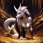 all_fours anthro bedroom_eyes black_hair blue_eyes blush breasts cave cleavage clothed clothing female gold_(metal) gold_jewelry hair horn jewelry long_hair makeup multicolored_hair narrowed_eyes non-mammal_breasts scales seductive solo treasure white_body white_scales shadowwolfai dragon scalie 1:1 colored watermark