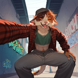 andromorph anthro beanie body_hair bottomwear clothing crop_top crouching ears_down flannel graffiti hair happy_trail hat headgear headwear intersex mottled multicolored_hair navel one_eye_closed pants piebald piercing pivoted_ears selfie shirt solo tongue tongue_out tongue_piercing topwear wink cerinil calico_cat domestic_cat felid feline felis mammal hi_res