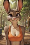 anonymous_director anthro bench bra breasts cleavage clothed clothing ears_up female grin judy_hopps lagomorph leporid looking_at_viewer mammal outside park plant rabbit smile solo sports_bra tree underwear zootopia
