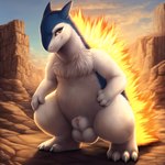 animal_genitalia animal_penis biped claws donran feral fire fluffy fully_sheathed fur generation_2_pokemon genitals hi_res male novelai orange_eyes outside paws penis pokemon_(species) sheath smile solo standing toe_claws typhlosion