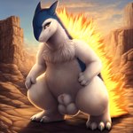 animal_genitalia animal_penis biped claws feral fire fluffy fully_sheathed fur genitals male orange_eyes outside paws penis sheath smile solo standing toe_claws donran generation_2_pokemon pokemon_(species) typhlosion hi_res novelai