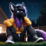 anthro black_body black_fur black_hair bottle clothed clothing female footwear fur grass hair hoodie looking_up night night_sky outside plant purple_eyes purple_hair shoes sneakers solo sweatpants topwear yellow_clothing yellow_jacket omgechounknown canid canine canis mammal wolf