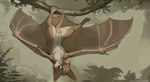 anus bat_ears bat_nose bat_wings brown_body brown_fur chiropteran claws female feral fluffy front_view fur genitals hi_res jungle mammal membrane_(anatomy) membranous_wings plant pussy semi-anthro smile solo terraraptor toe_claws tree upside_down white_body white_fur wings