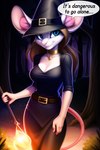 anthro black_clothing clothing collar collar_tag dark_background female forest forest_background gold_(metal) gold_jewelry hat headgear headwear jewelry magic_user mouse_ears nature nature_background night plant solo tree white_body witch witch_clothes witch_hat loganth mammal mouse murid murine rodent comic dark_theme hi_res