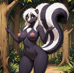 anthro areola big_tail black_body black_fur blush branch breasts brown_eyes clitoris day dirt erect_nipples female fluffy forest fur genitals grass hair light_source long_hair markings mature_female multicolored_body multicolored_fur nature nature_background nipples nude pink_pussy plant pussy raised_tail short_snout skunk_anthro skunk_stripe skunk_tail solo standing striped_body striped_fur striped_markings striped_tail stripes tail tail_markings tree two_tone_body two_tone_fur white_body white_fur white_hair white_stripe wide_hips wood woods rotateillusion mammal mephitid skunk mother_(lore) parent_(lore)