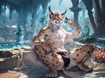 absurd_res anthro black_nose blue_eyes body_hair chest_hair clothed clothing felid hi_res male mammal nekomatasaren nipples pool poolside solo underwear underwear_bulge underwear_only water white_body