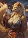 anthro asian_clothing big_breasts breasts cleavage clothed clothing east_asian_clothing female festive fluffy fluffy_tail fur japanese_clothing japanese_house kimono light_smile lights looking_at_viewer neck_tuft pokemon smile solo tan_body tan_fur tuft cerinil canid canine fox generation_1_pokemon mammal ninetales pokemon_(species) hi_res