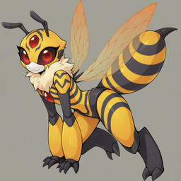 action_pose ambiguous_gender antennae_(anatomy) anthro black_body black_sclera clawed_hands claws cybernetics forehead_gem grey_background insect_wings looking_at_viewer machine multicolored_body neck_tuft pose red_eyes robotic_arms simple_background smile smiling_at_viewer solo stinger striped_body stripes toe_claws tuft two_tone_body wavy_mouth wings yellow_body tyto4tme4l e6ai mascot_2025 arthropod bee cyborg hymenopteran insect full-length_portrait hi_res portrait