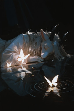 anthro black_horn clothing dress eyes_closed female fur glowing hair horn lying mythology on_side ripples sleeping smile solo tuft water white_body white_fur white_hair kbi arthropod butterfly dragon furred_dragon humanoid insect lepidopteran mythological_creature mythological_scalie scalie