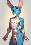 anthro athletic athletic_male balls blue_body blue_fur femboy fur genitals hair looking_at_viewer male muscular nipples nude solo yellow_eyes vulvexx lagomorph leporid mammal rabbit hi_res