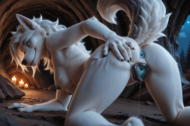 all_fours animal_genitalia animal_pussy anthro anus blue_anus bodily_fluids candlelight canine_genitalia canine_pussy cave_entrance female fur genital_fluids genitals glowing glowing_genitalia glowing_pussy hand_on_butt light looking_at_viewer looking_back looking_back_at_viewer on_ground presenting_sheath pussy pussy_juice raised_tail rear_view solo spread_pussy spreading tail white_body white_fur mistress-lukutar lira_(mistress-lukutar) canid canine canis mammal wolf hi_res