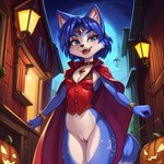 anthro blue_body blue_fur bottomless clothed clothing coat corset female fur genitals halloween jack-o'-lantern lingerie pussy red_clothing red_coat red_topwear solo topwear cejekt krystal canid mammal vampire absurd_res hi_res