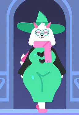 anthro bedroom_eyes big_breasts breasts clothing crossgender eyewear female fur glasses hat headgear headwear horn inside looking_at_viewer minimalist mtf_crossgender narrowed_eyes rule63 scarf seductive smile solo standing thick_thighs white_body white_fur wide_hips andreafrancisca deltarune undertale_(series) ralsei bovid caprine goat mammal hi_res