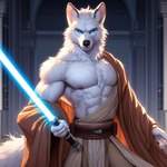 abs anthro canid canine canis fur humanoid jedi lightsaber male mammal melee_weapon muscular narrowed_eyes nipples pecs smile solo temple weapon white_body white_fur wolf