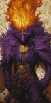 1_horn anthro clothing corset fire fur glowing glowing_eyes horn lingerie male ornate purple_body purple_fur solo topwear yellow_horn bahufaru brighteyes_(bahufaru) kirin hi_res