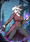 anthro big_breasts breasts clothing detailed_background female fur green_eyes hair horn magic_user melee_weapon solo sword tuft weapon white_body white_hair official_floof_inspector bovid caprine goat mammal absurd_res hi_res