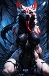 anthro areola black_areola black_nipples black_pussy blue_eyes breasts female fur genitals humanoid_genitalia humanoid_pussy long_tongue markings navel nipples nude pussy solo tongue tongue_out white_body white_fur elkkue amaterasu_(okami) venom_(marvel) alien canid canine canis goo_creature mammal symbiote wolf hi_res