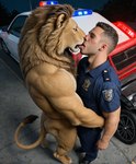 anthro clothing duo ear_piercing eyes_closed french_kissing fur human_on_anthro interspecies kissing male male/male nude piercing police_uniform realistic_fur standing tail uniform delken felid human lion mammal pantherine hi_res