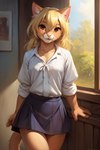 anthro blonde_hair blouse bottomwear brown_eyes clothing female fur hair school_uniform skirt smile smiling_at_viewer solo tan_body tan_fur topwear uniform mindry gwen_(mindry) domestic_cat felid feline felis mammal